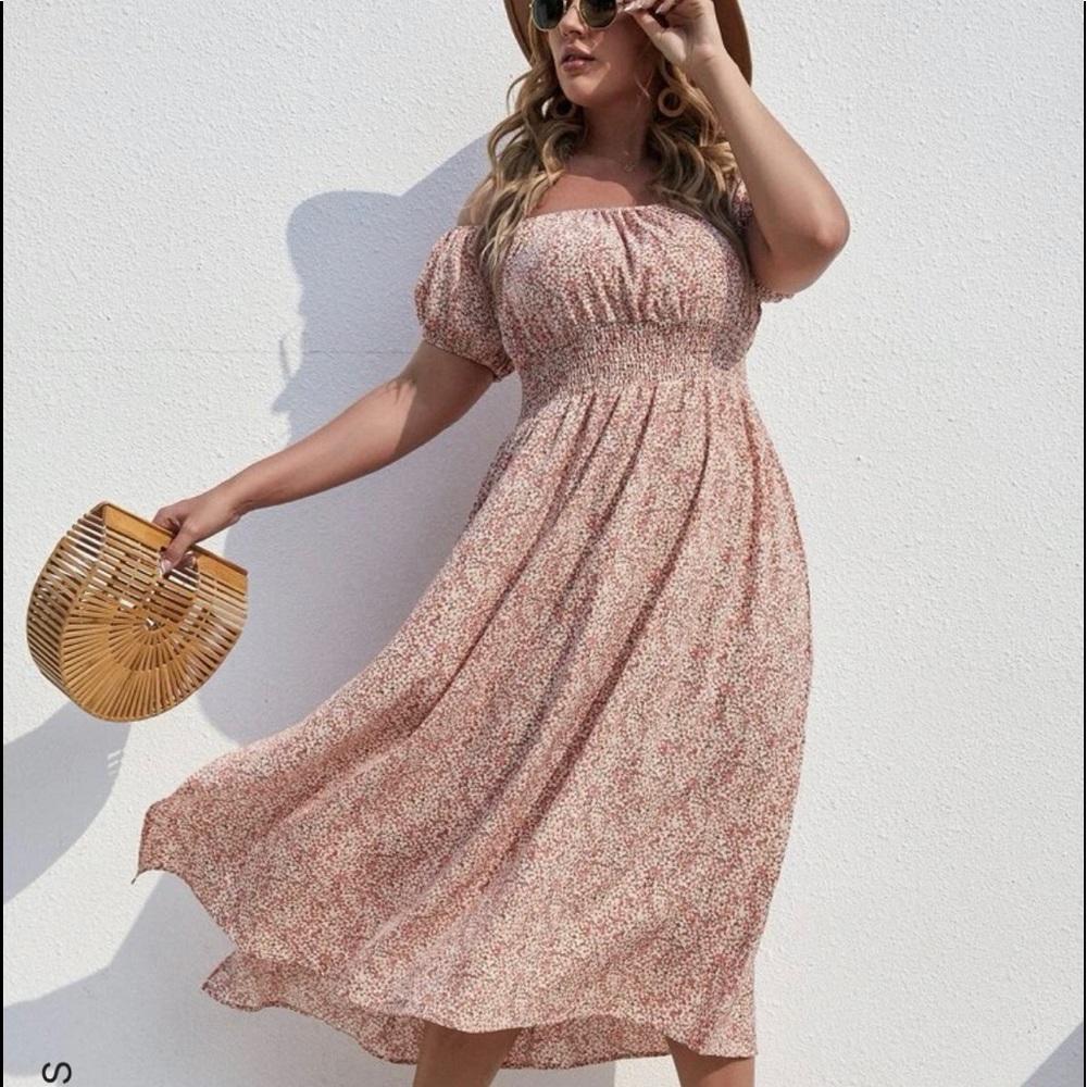 Floral dress with slit, off the shoulder